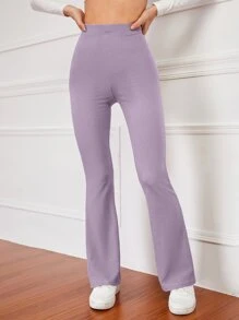 INAWLY High Waist Ribbed Knit Flare Leg Trousers - Lilac Purple - View 5