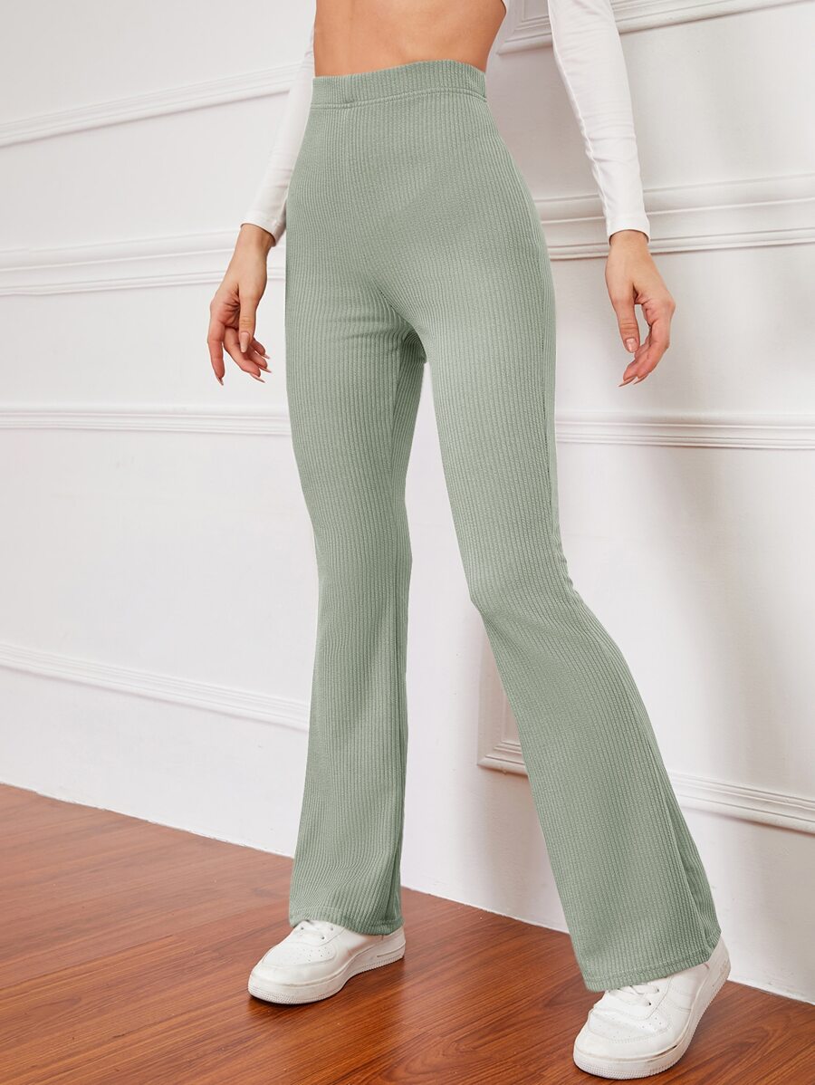 SHEIN EZwear Pantalones acampanados de talle alto tejido de canalé - verde menta - Ver 1