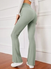 SHEIN EZwear Pantalones acampanados de talle alto tejido de canalé - verde menta - Ver 2