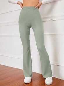 SHEIN EZwear Pantalones acampanados de talle alto tejido de canalé - verde menta - Ver 4