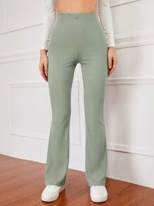 SHEIN EZwear Pantalones acampanados de talle alto tejido de canalé - verde menta - Ver 5