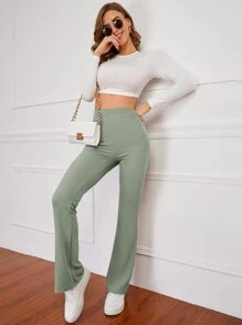 SHEIN EZwear Pantalones acampanados de talle alto tejido de canalé - verde menta - Ver 6