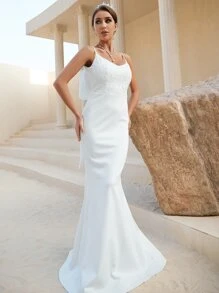 YISIKADO 花卉刺繡露背打結魚尾裙下擺婚紗洋裝 - 白色 - 查看 1