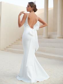 YISIKADO 花卉刺繡露背打結魚尾裙下擺婚紗洋裝 - 白色 - 查看 2