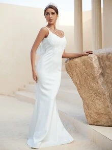 YISIKADO 花卉刺繡露背打結魚尾裙下擺婚紗洋裝 - 白色 - 查看 5