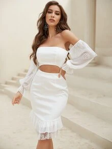 YISIKADO Vestido de hombros descubiertos con encaje en contraste de manga con volante con abertura bajo con fruncido - Blanco - Ver 3