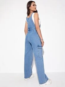 Flap Pocket Denim Dungarees Without Tank Top - Medium Wash - View 2