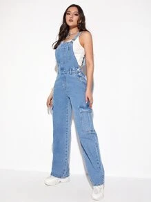Flap Pocket Denim Dungarees Without Tank Top - Medium Wash - View 1
