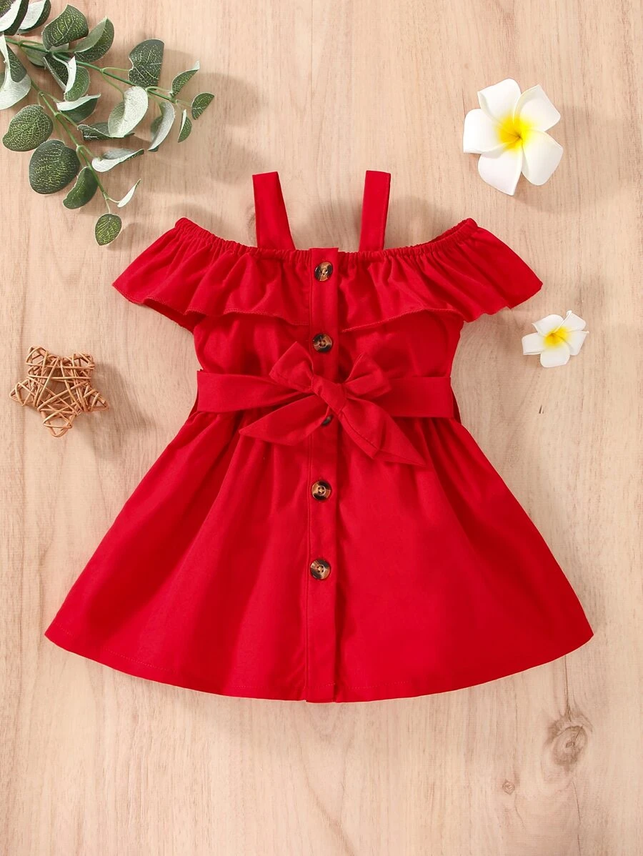 Baby Cold Shoulder Ruffle Trim Belted Dress
