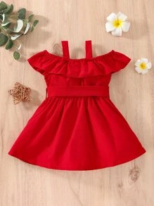 Baby Cold Shoulder Ruffle Trim Belted Dress