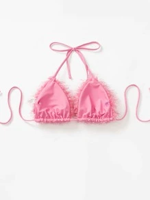 Fur Decor Halter Triangle Bikini Top - Pink - View 4