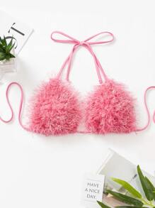Fur Decor Halter Triangle Bikini Top - Pink - View 6