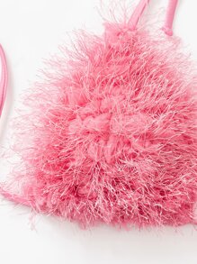 Fur Decor Halter Triangle Bikini Top - Pink - View 7