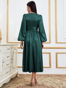 Modelyn 花卉圖案提花珍珠串珠燈籠袖緞面連衣裙 - 墨綠色 - 查看 2