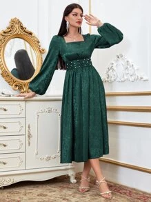 Modelyn 花卉圖案提花珍珠串珠燈籠袖緞面連衣裙 - 墨綠色 - 查看 3