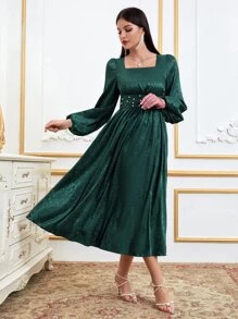 Modelyn 花卉圖案提花珍珠串珠燈籠袖緞面連衣裙 - 墨綠色 - 查看 4