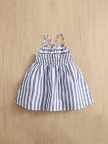 SHEIN Baby Girl Striped Shirred Crisscross Back Cami Dress - Blue and White - View 2