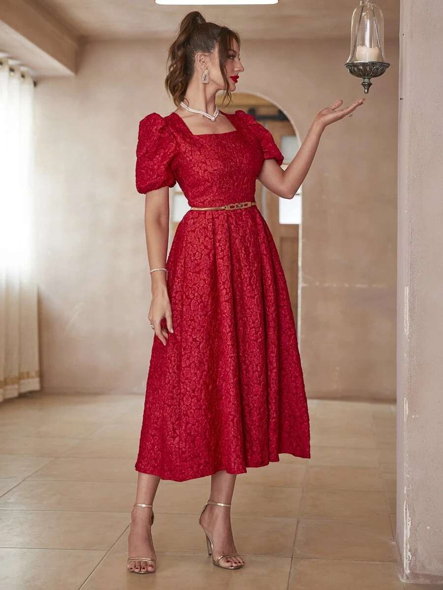 Modelyn Square Neck Embossing Puff Sleeve Dress Without Belt For New Year Clothes Maxi Women Outfit Long Evening Dresses - Red - View 1