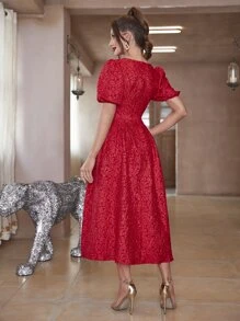 Modelyn Square Neck Embossing Puff Sleeve Dress Without Belt For New Year Clothes Maxi Women Outfit Long Evening Dresses - Red - View 2