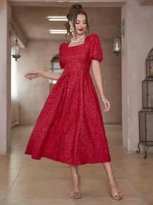 Modelyn Square Neck Embossing Puff Sleeve Dress Without Belt For New Year Clothes Maxi Women Outfit Long Evening Dresses - Red - View 4