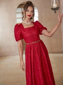 Modelyn Square Neck Embossing Puff Sleeve Dress Without Belt For New Year Clothes Maxi Women Outfit Long Evening Dresses - Red - View 6