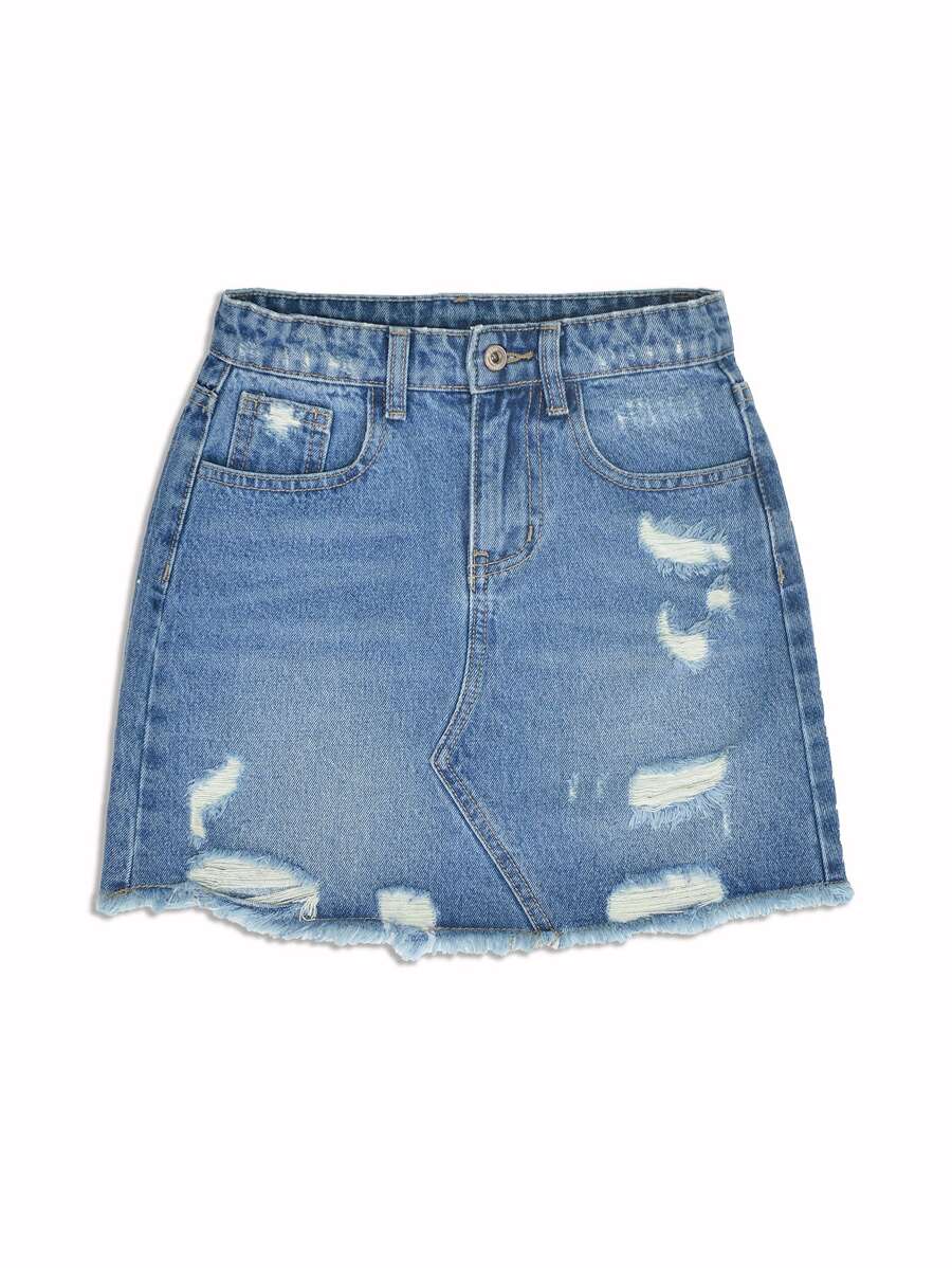 Girls Ripped Raw Hem Denim Skirt - Medium Wash - View 1