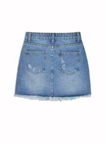 Girls Ripped Raw Hem Denim Skirt - Medium Wash - View 2