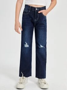 SHEIN Bé Gái Quần Jeans Nút Túi Hem thô Bị tách Dây kéo màu trơn - Rửa trung bình - Xem 1