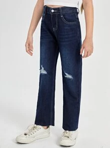 SHEIN Bé Gái Quần Jeans Nút Túi Hem thô Bị tách Dây kéo màu trơn - Rửa trung bình - Xem 4