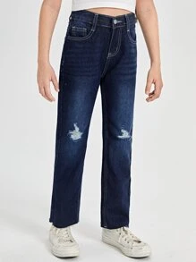 SHEIN Bé Gái Quần Jeans Nút Túi Hem thô Bị tách Dây kéo màu trơn - Rửa trung bình - Xem 5