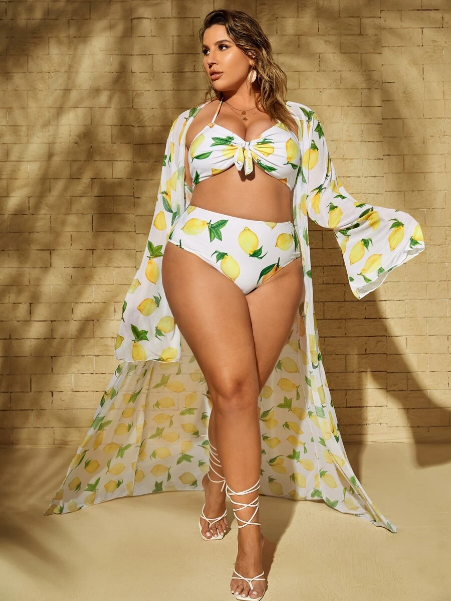 3件入組大尺碼檸檬印花打結前置比基尼套裝和和服，夏季沙灘必備 - 彩色 - 查看 1
