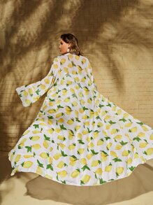 3件入組大尺碼檸檬印花打結前置比基尼套裝和和服，夏季沙灘必備 - 彩色 - 查看 2