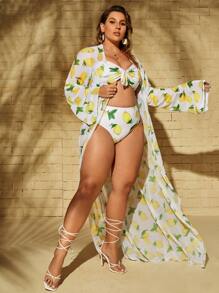3件入組大尺碼檸檬印花打結前置比基尼套裝和和服，夏季沙灘必備 - 彩色 - 查看 4