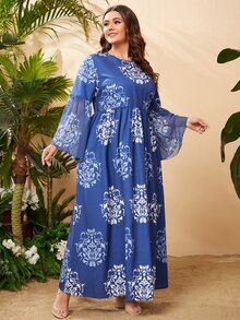 Mulvari Plus Floral Print Flounce Sleeve Dress - Blue - View 3