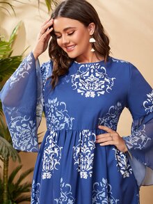 Mulvari Plus Floral Print Flounce Sleeve Dress - Blue - View 4