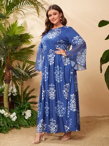 Mulvari Plus Floral Print Flounce Sleeve Dress - Blue - View 6