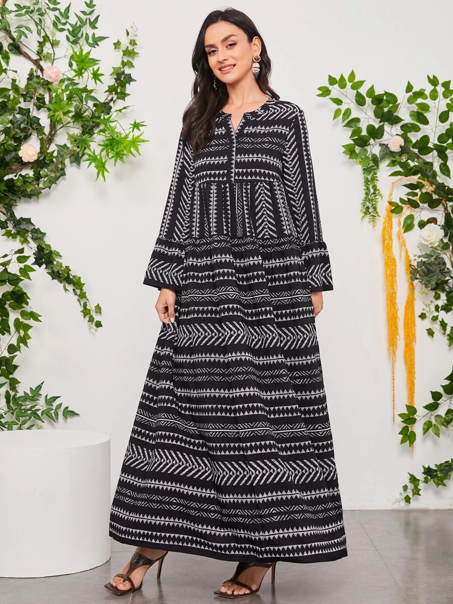 Mulvari Geo Print Notch Neck Bell Sleeve Dress - Black and White - View 1