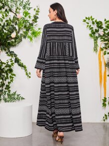 Mulvari Geo Print Notch Neck Bell Sleeve Dress - Black and White - View 2