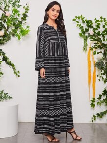 Mulvari Geo Print Notch Neck Bell Sleeve Dress - Black and White - View 3