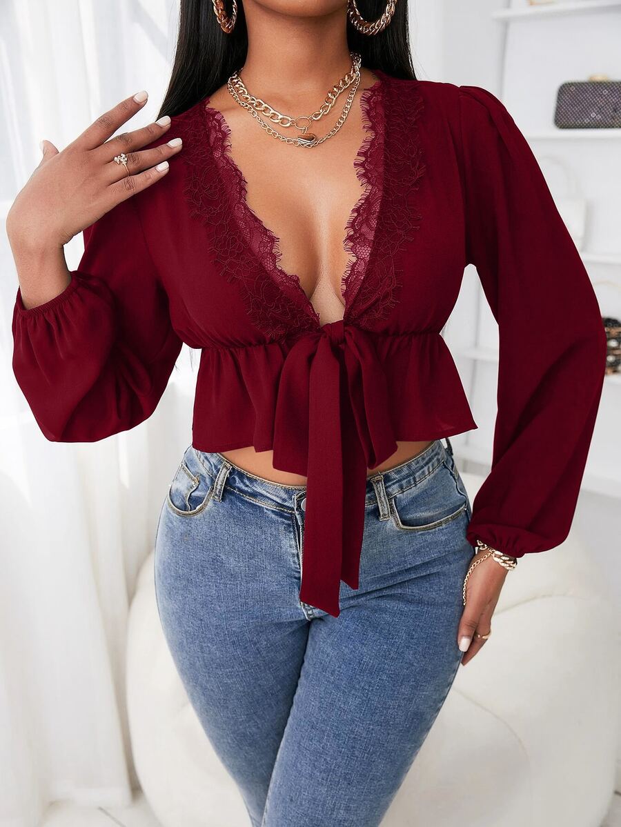SHEIN SXY Eyelash Lace Trim Lantern Sleeve Knot Front Peplum Crop Top - Burgundy - View 1