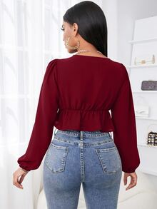 SHEIN SXY Eyelash Lace Trim Lantern Sleeve Knot Front Peplum Crop Top - Burgundy - View 2