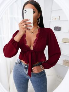 SHEIN SXY Eyelash Lace Trim Lantern Sleeve Knot Front Peplum Crop Top - Burgundy - View 3