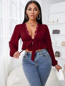 SHEIN SXY Eyelash Lace Trim Lantern Sleeve Knot Front Peplum Crop Top - Burgundy - View 4