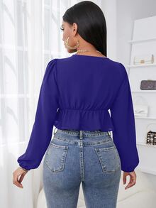 SHEIN SXY Eyelash Lace Trim Lantern Sleeve Knot Front Peplum Crop Top - Royal Blue - View 2