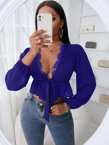 SHEIN SXY Eyelash Lace Trim Lantern Sleeve Knot Front Peplum Crop Top - Royal Blue - View 3