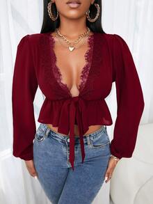 SHEIN SXY Eyelash Lace Trim Lantern Sleeve Knot Front Peplum Crop Top - Burgundy - View 5