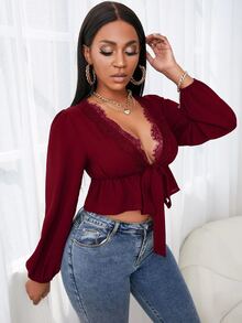 SHEIN SXY Eyelash Lace Trim Lantern Sleeve Knot Front Peplum Crop Top - Burgundy - View 6
