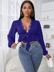 SHEIN SXY Eyelash Lace Trim Lantern Sleeve Knot Front Peplum Crop Top - Royal Blue - View 6