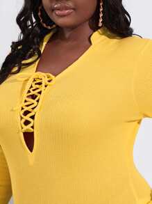 Slaydiva Plus Lace Up Front Bodysuit - Yellow - View 3