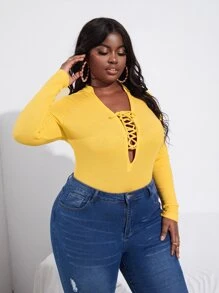 Slaydiva Plus Lace Up Front Bodysuit - Yellow - View 4
